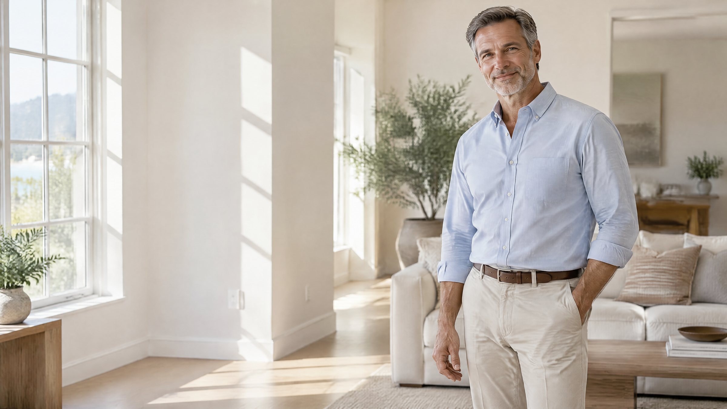 Man in his fifties in a light blue oxford shirt and khakis, relaxed at home in morning light