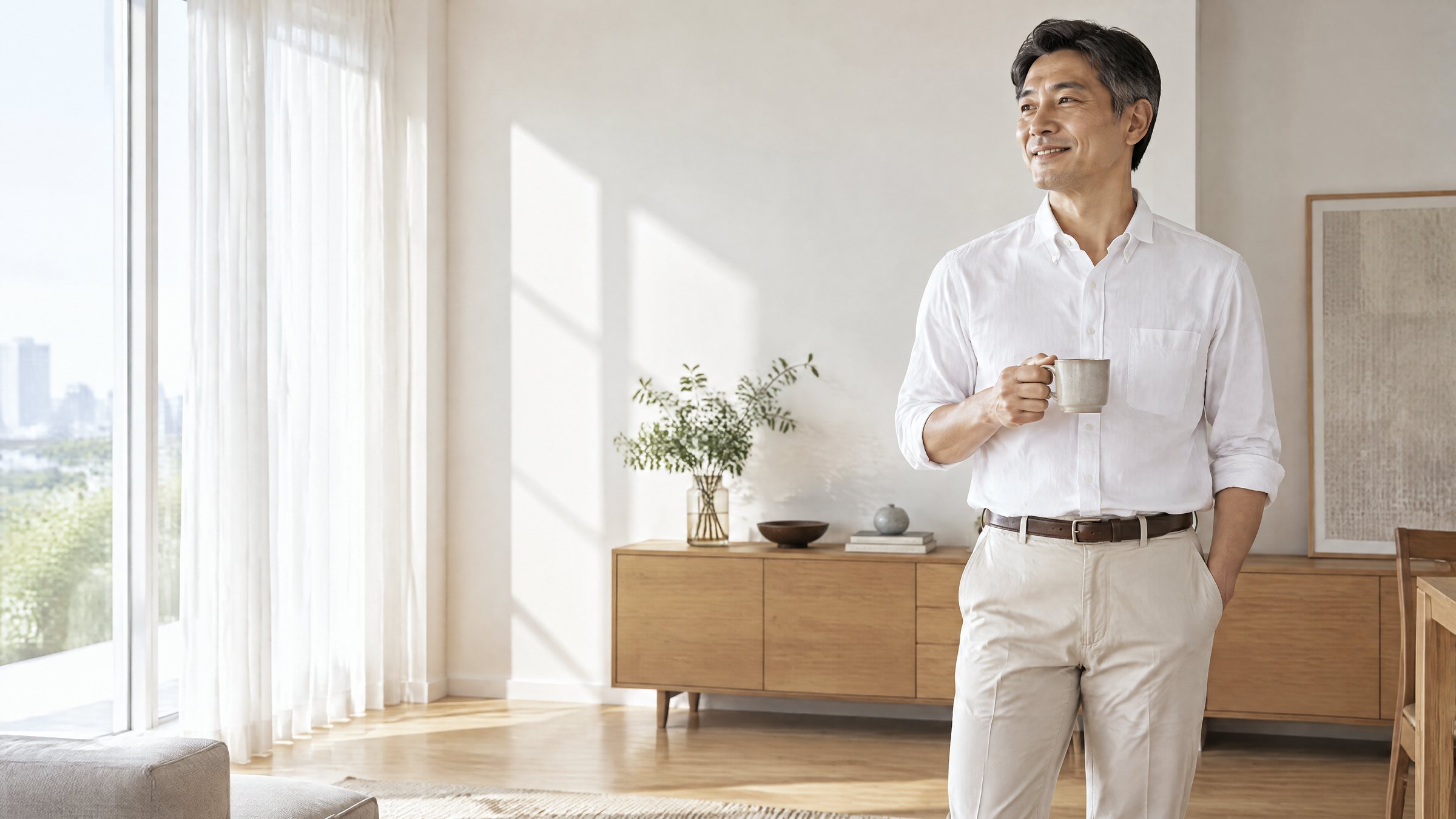 朝の光が入る明るい部屋で、白いシャツとベージュのチノパン姿でくつろぐ男性